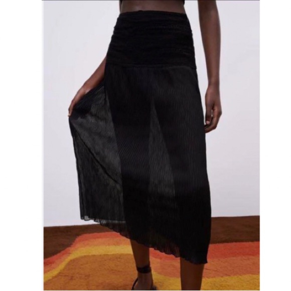 Zara black knit crochet mixed combination crocheted mesh semi-sheer midi skirt - Picture 2 of 9